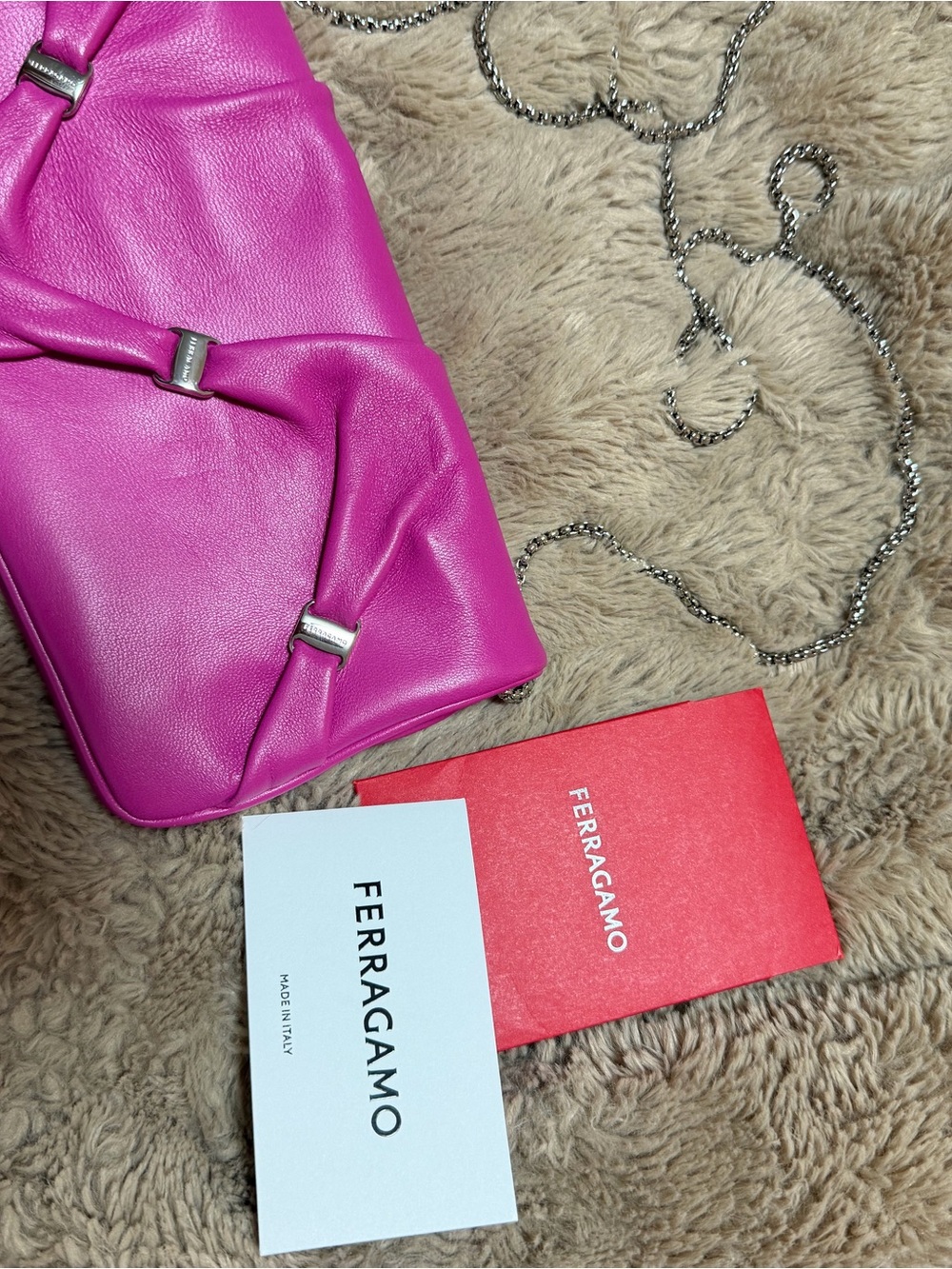 Salvatore Ferragamo Fuchsia Leather Shoulder Bag with Bow Accents